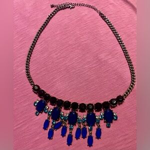 Blue Rhinestone and Gold Chain Statement Necklace | Broken Clasp
